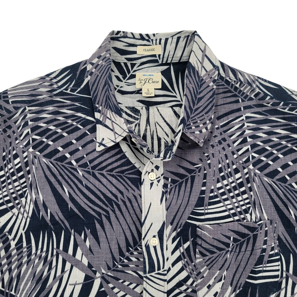 J Crew Mens L‎ Shirt Linen Button Up Blue Tropical Camp Aloha Beach Casual